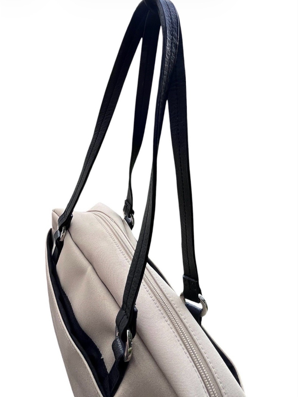 Miztique Beige Nylon Shoulder Bag Black Trim Double Handle Tote - Picture 6 of 9